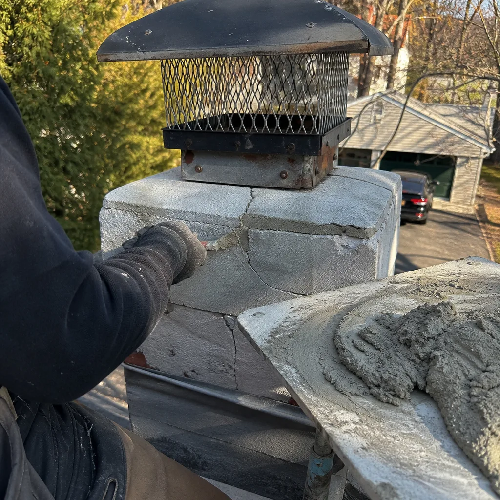 Professional technician repairing cracks on a residential chimney crown