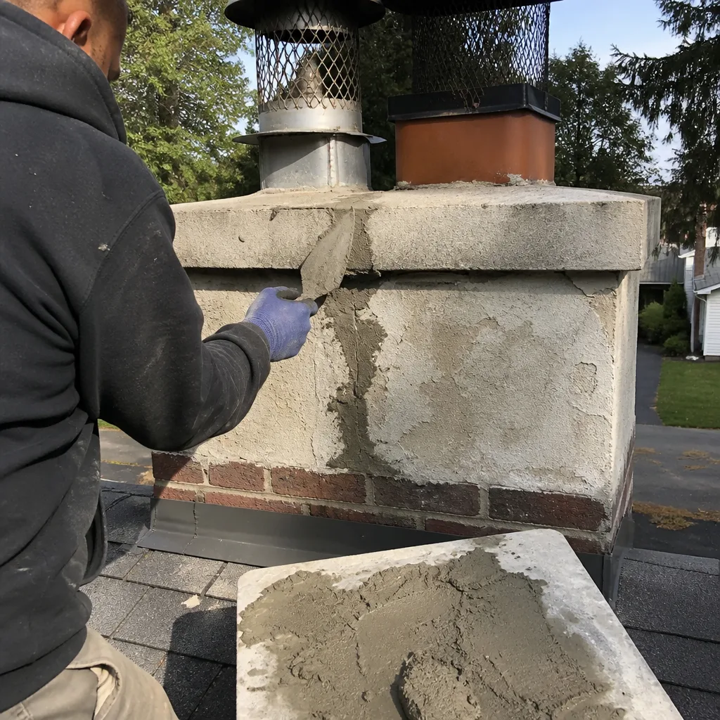 Professional chimney technician performing chimney crown repair and masonry maintenance.