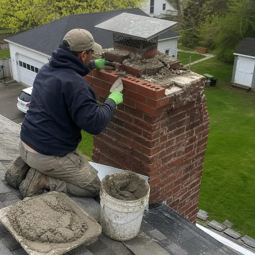Professional mason performing chimney brick repair on a residential roof