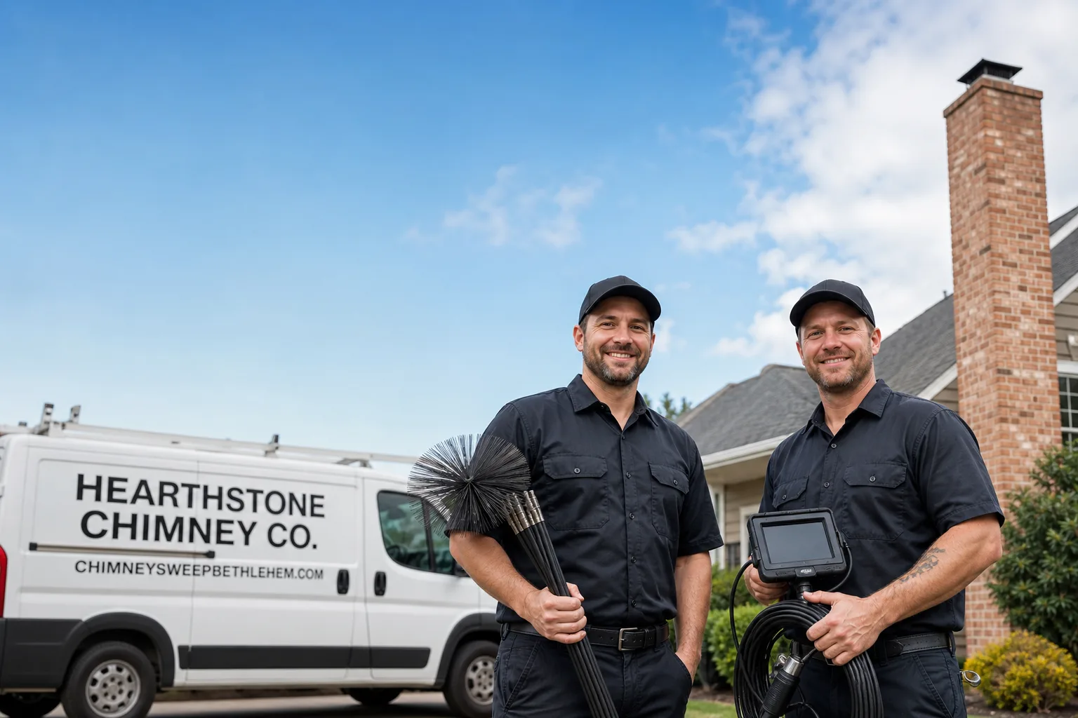 Hearthstone Chimney Co. chimney cleaning service vehicle and crew in Bethlehem, PA